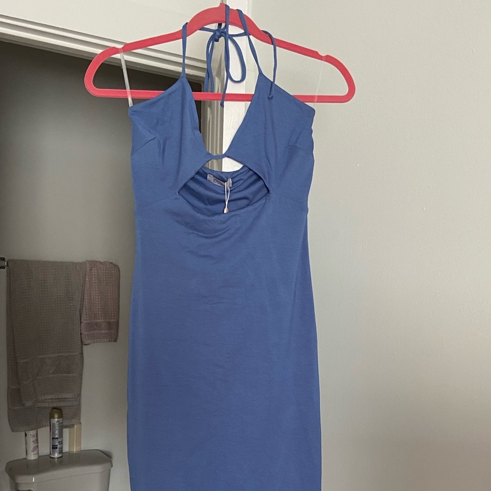 Oh Polly BELLE Cut Out Halter Neck Midi Dress in Blue